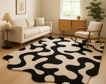 Alfombra de lana tejida a mano, diseño abstracto orgánico en blanco y negro.