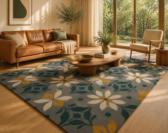 Hand Tufted Floral Rug, Modern Flower Area Rug, Botanical Wool Carpet, Contemporary Living Room Rug, Custom Size Rug