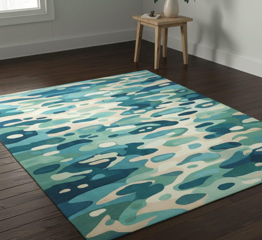Hand Tufted Wool Area Rug – Blue Abstract Ocean Pattern, Coastal Decor ...