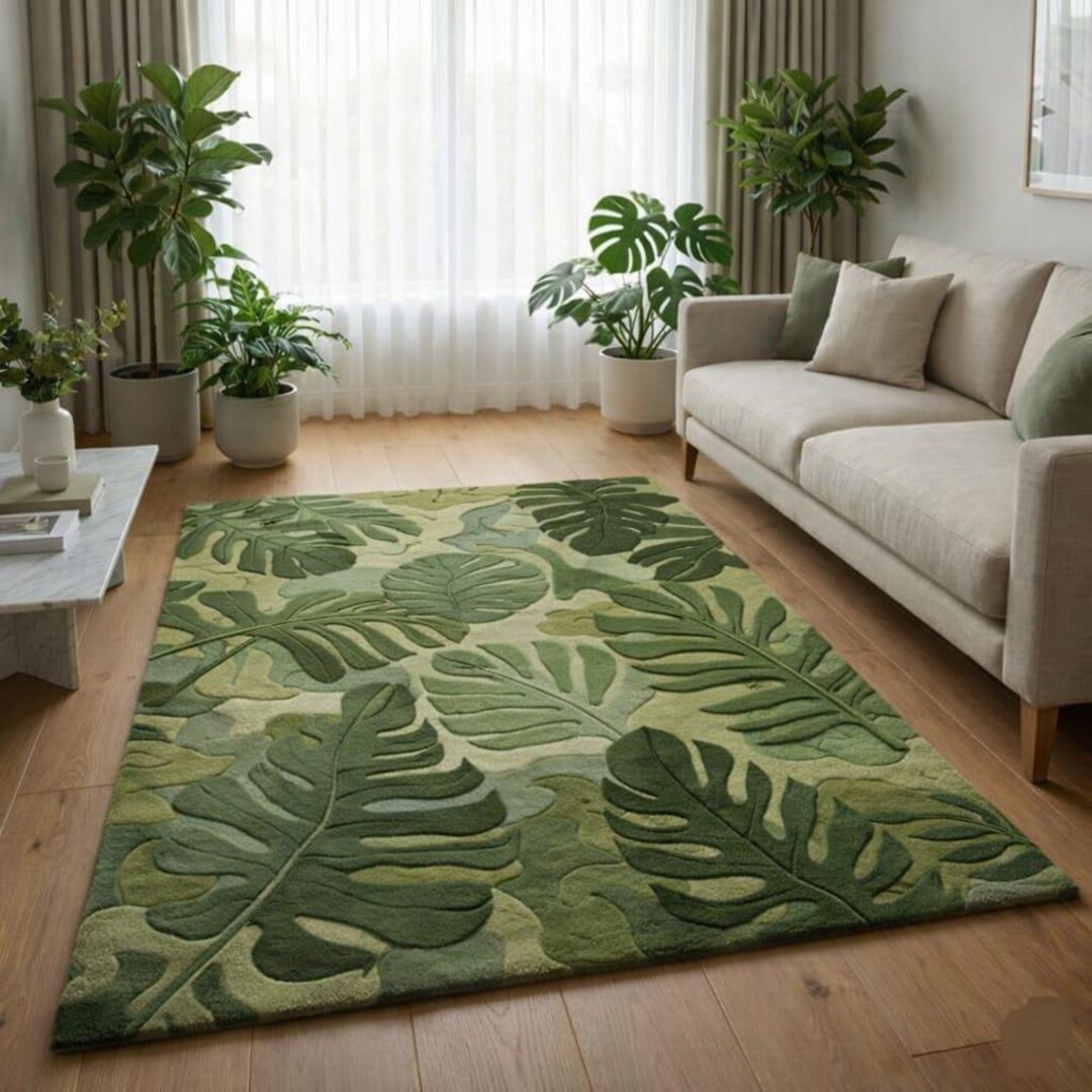 Hand Tufted Green Leaf Area Rug, Botanical Tropical Rug for Living Room ...