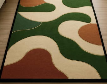 Hand Tufted Wool Area Rug, Green Brown Abstract Geometric Carpet