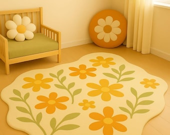 Hand Tufted Wool Daisy Rug: Modern Floral Carpet, Kids Nursery Décor