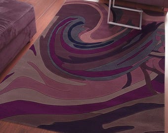 Hand Tufted Wool Rug, Modern Plum Swirl, Abstract Wave Design