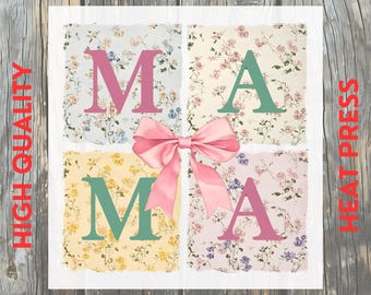 Mama Coquette Floral Bow Vintage Patchwork DTF Transfer: Mom Life Ready to Press