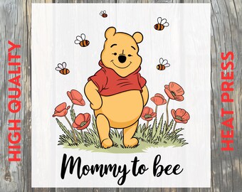 Transfert DTF pour baby shower maman abeille ours : thème floral maman prêt à presser