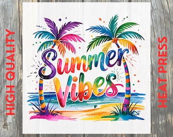 Summer Vibes Colorful Palm Tree Design DTF Transfer: Tropical Beach Sunset Ready to Press