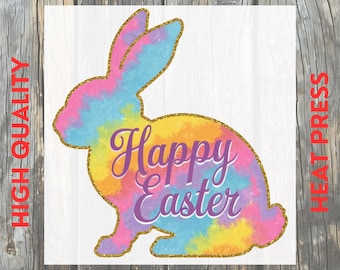 Happy Easter Bunny Pastel Rainbow Glitter Outline DTF Transfer: Spring Ready to Press