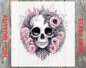 May include: A digital transfer design featuring a skull with large, dark eyes, surrounded by pink and gray roses and foliage. The words "DTF TRANSFER", "HIGH QUALITY", "HEAT PRESS", and "READY TO PRESS" are printed in red.