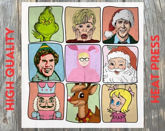 May include: A square DTF transfer featuring nine pop-art style images of Christmas characters, including the Grinch, Kevin McCallister, Buddy the Elf, and Santa Claus. The words "HIGH QUALITY", "DTF TRANSFER", "HEAT PRESS", and "READY TO PRESS" are printed on the transfer.