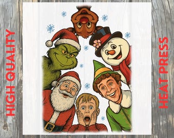 May include: A white DTF transfer featuring a festive design with cartoon characters including Santa Claus, the Grinch, a snowman, and others. The words "HIGH QUALITY", "READY TO PRESS", and "HEAT PRESS" are printed on the sides. Snowflakes are scattered around the characters.