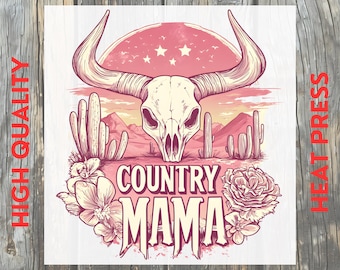 Pink Country Mama Western Skull DTF Transfer: Boho Desert Cow Mom Ready to Press