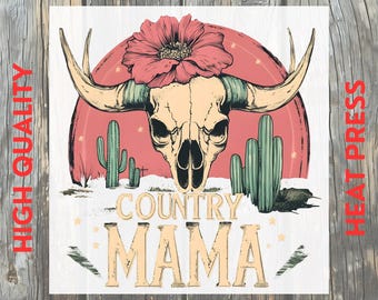 Country Mama Western Skull Cow Floral DTF Transfer: Desert Cactus Mom Ready to Press