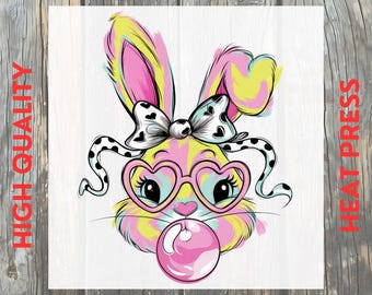 Easter Bunny with Glasses Bubble Gum Pastel DTF Transfer: Kids Spring Ready to Press