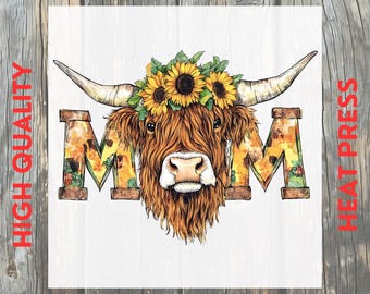 Highland Cow Mama Sunflower Mom Boho Farm DTF Transfer: Rustic Western Ready to Press