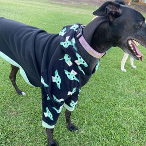 Puede incluir: Un perro negro con un mono con capucha negro para perros con ribete verde claro. La capucha y las mangas del mono tienen un estampado de caras de personajes de dibujos animados de color verde claro. El perro lleva un collar rosa.