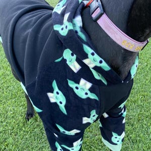 Puede incluir: Mono negro para perros con capucha y estampado de personajes verdes. El mono tiene un bolsillo y un collar lila claro con una hebilla negra. El perro est&aacute; sobre hierba verde.