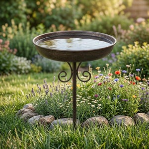 May include: A dark bronze-colored metal birdbath featuring a wide, shallow circular basin filled with water. The basin is supported by a single thin vertical post with two decorative scroll-shaped metal accents attached to the upper section.