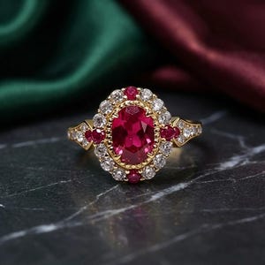 Peut inclure: Une bague en or ornée d'un grand rubis ovale central, entouré de petits diamants blancs et de pierres rouges. La bague a un anneau détaillé avec des pierres d'accent, sur un fond sombre.