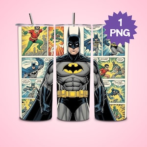 May include: A stainless steel tumbler featuring a comic book design with Batman and Robin. The tumbler has a black lid and a silver straw. The design includes panels with action scenes and text bubbles.