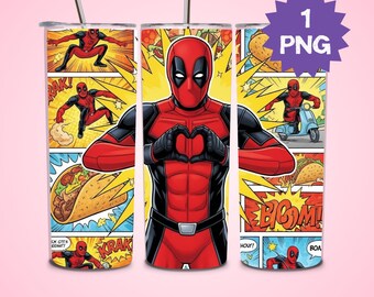 Diseño PNG para vaso térmico de Deadpool / Diseño de sublimación para vaso térmico delgado de 20 oz / Diseño para vaso térmico de superhéroe de dibujos animados de los 90 / Deadpool, héroe de acción con máscara roja