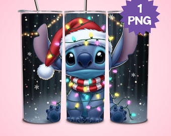 Vaso con luces navideñas de Stitch (PNG), funda para vaso con temática navideña, vaso delgado de 20 oz, descarga digital de funda para vaso navideña