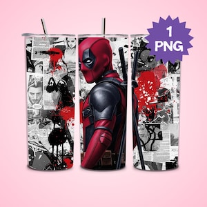 May include: A set of three stainless steel tumblers featuring a Deadpool design. The tumblers have a black and white comic book collage background with red paint splatters. The central tumbler showcases Deadpool in his red and black suit.