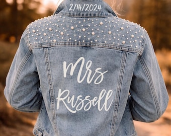 Personalized Pearl Bride Denim Jacket: Custom Printed Mrs Denim Jacket,  Wedding Bride Jean Jacket, Gift for Bride