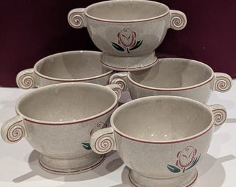 Double Handled Footed Cream Soup Bowls Pink Tulip Rose Ceramic Vintage Set of 5