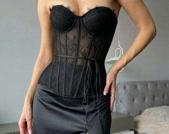 Bridal Corset Top, Black Lace (Custom Fit Sizes), Waist Shaping