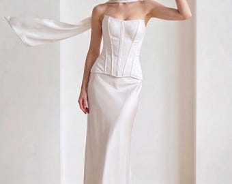 Corsé de encaje para novia y falda larga de satén (blanco, tallas S-3XL)