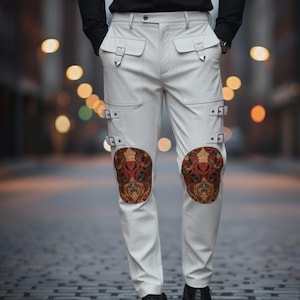 Può includere: Pantaloni color crema con toppe decorative sulle ginocchia con un motivo rosso e oro. I pantaloni hanno più tasche e fibbie argentate. Un capo di moda unico.