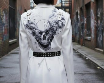 Handmade Leather Coat for Women print art Belted Cozy Outerwear,Custom Coat