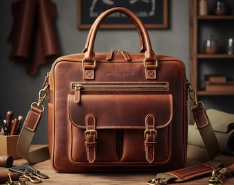 Premium Vollnarbenleder Laptoptasche für Herren und Damen | Handgemachte Vintage Aktentasche | Strapazierfähige Büro Messenger Tasche | Stilvoll zum Arbeiten & Reisen