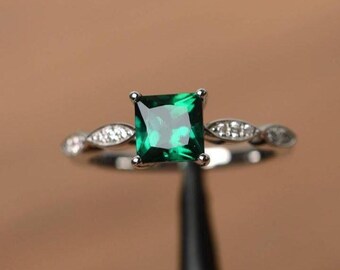 Emerald Sterling Silver Ring - Princess Cut, Statement Ring