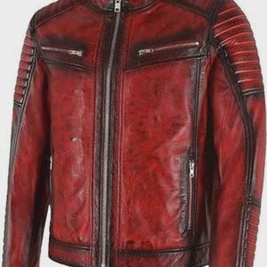 Men’s Red Leather Jacket • Sheepskin Cafe Racer Biker jacket