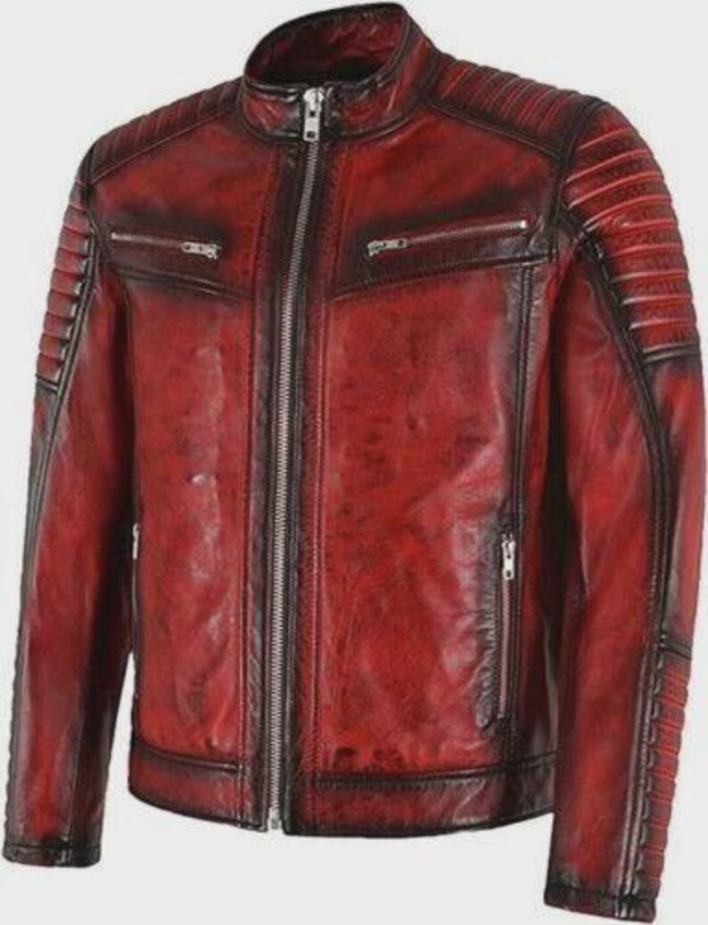 Men’s Red Leather Jacket • Sheepskin Cafe Racer Biker jacket