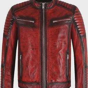 Red Motorcycle Leather Jacket | Biker Style Men's Outerwear Gift For Him