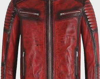 Chaqueta de motociclista de piel de oveja encerada roja hecha a mano, estilo clásico para hombre.