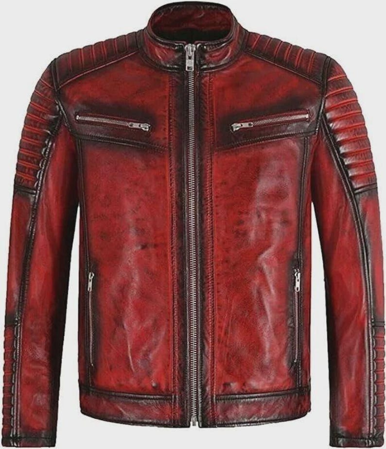 Red Motorcycle Leather Jacket | Biker Style Men's Outerwear Gift For Him