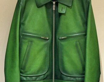 Chaqueta de piel de oveja verde suave y lisa para hombre, elegante chaqueta bomber con cremallera frontal.