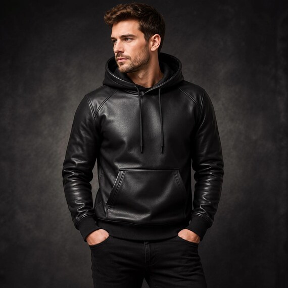 Men's Black Leather Hoodie Handmade Genuine Soft Lambskin & Cow Leather Jacket