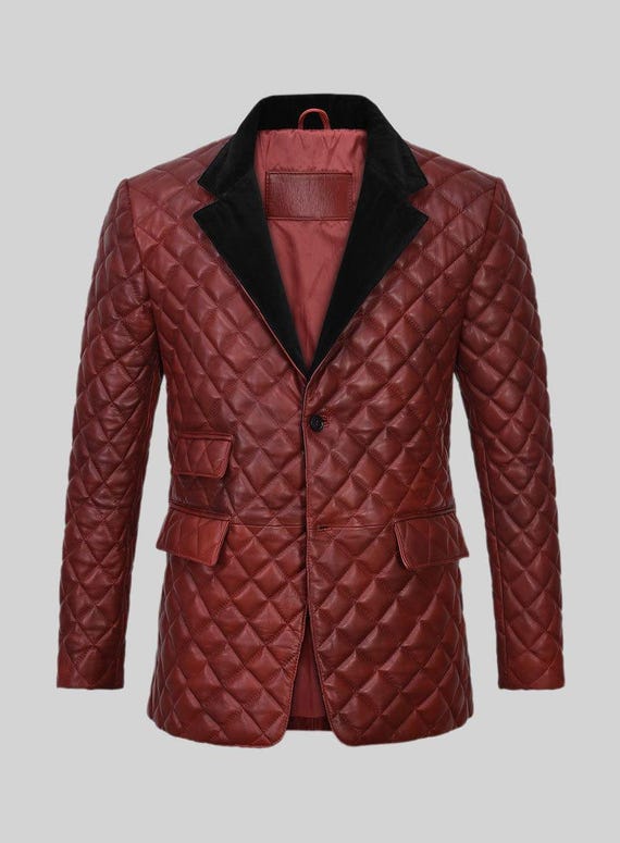 Handmade Dark Red Sheapskin Quilted Leather Blazer Jacket for Men Genuine Real Leather Coat