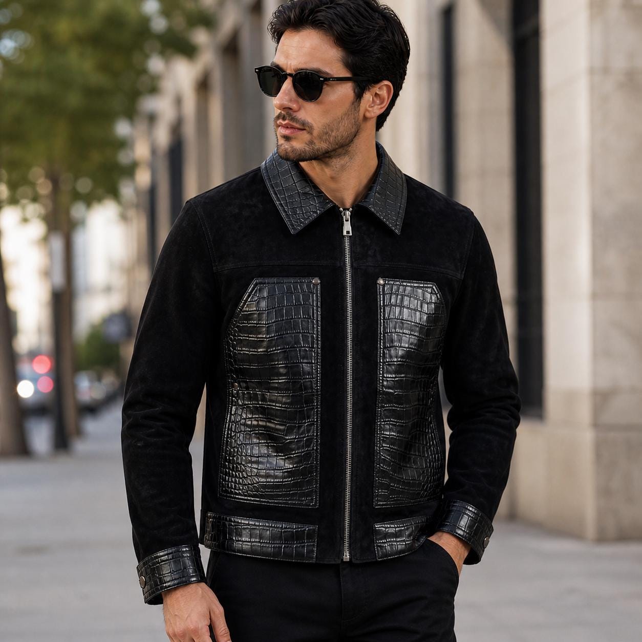 Men's Black Suede Jacket With Crocodile Embossed Leather Panels
