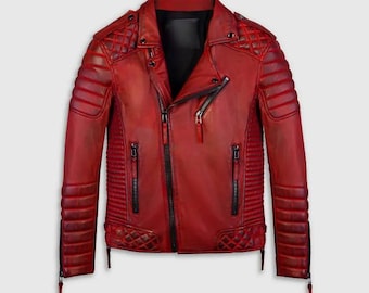 Chaqueta de cuero encerado de lujo hecha a mano para hombre, de piel de oveja roja.