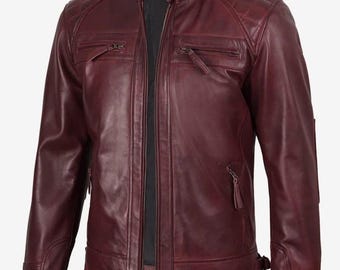 Burgunder Schaffell Lederjacke für Herren, gestepptes Futter