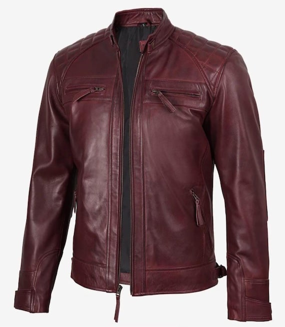 Men's Burgundy Sheepskin Leather Jacket, Quilted Lining