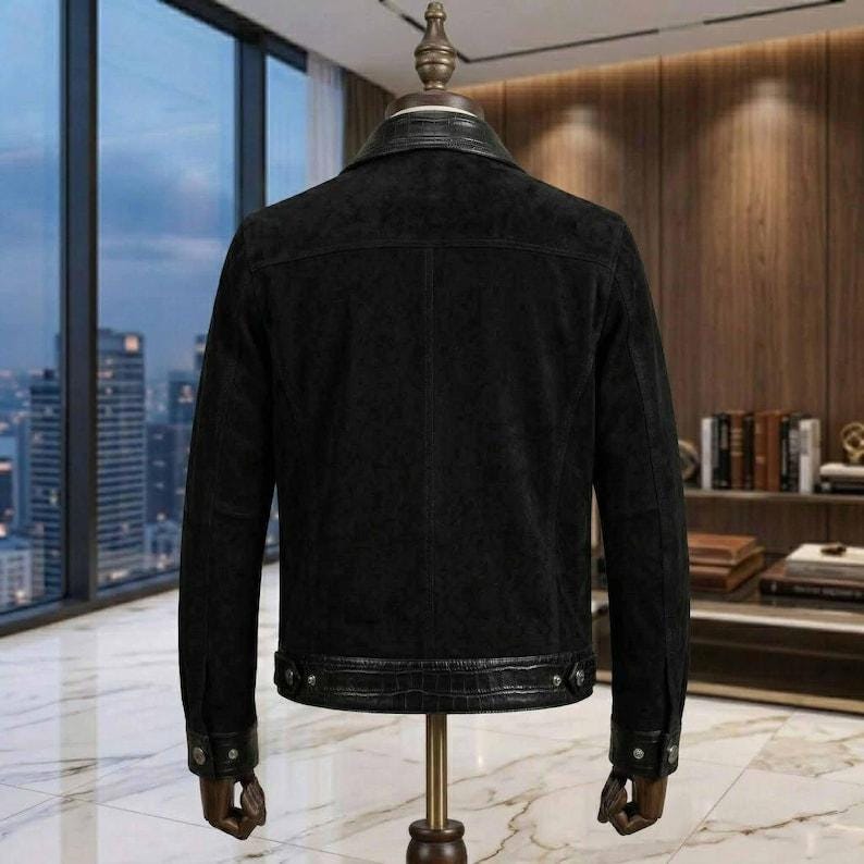 Men's Black Suede Jacket With Crocodile Embossed Leather Panels