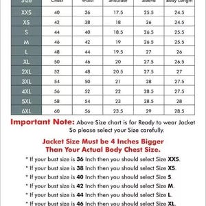 Puede incluir: Tabla de medidas de chaqueta con tallas, medidas de pecho, cintura, hombro, manga y largo de cuerpo en pulgadas. Incluye una nota sobre la selecci&oacute;n de la talla correcta de chaqueta, con ejemplos.