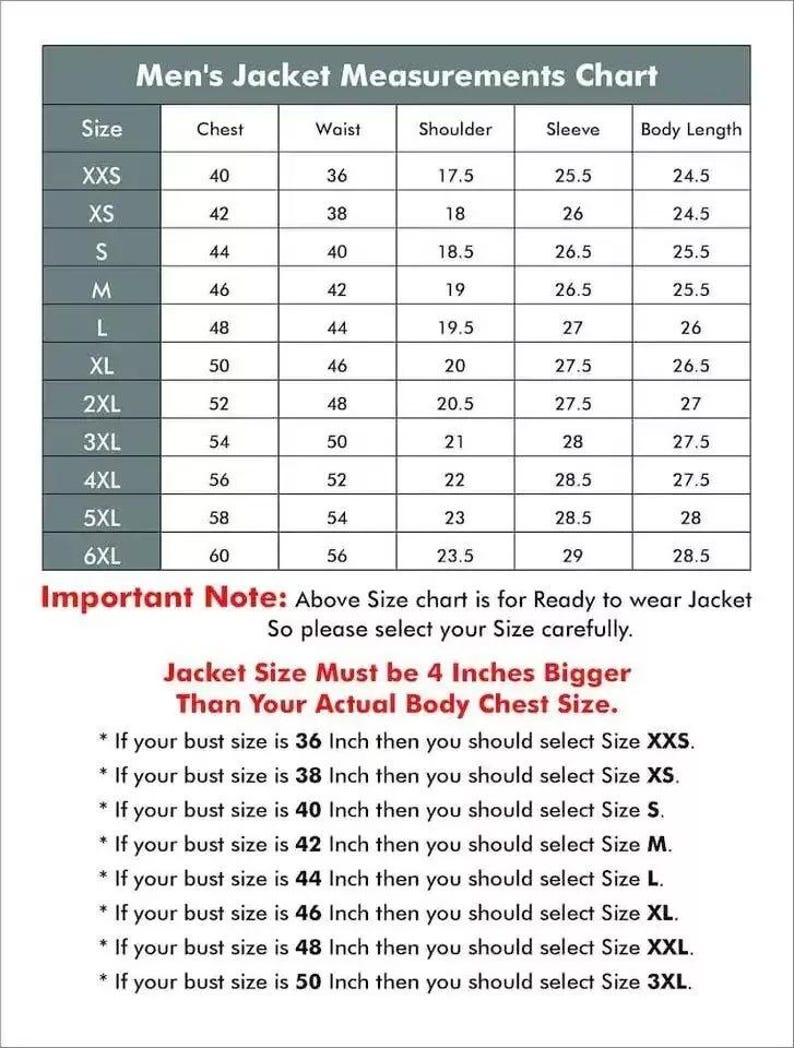 Puede incluir: Tabla de medidas de chaqueta con tallas, medidas de pecho, cintura, hombro, manga y largo de cuerpo en pulgadas. Incluye una nota sobre la selecci&oacute;n de la talla correcta de chaqueta, con ejemplos.