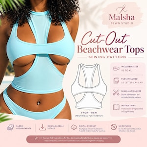Op de afbeelding: Een naaipatroon voor een lichtblauw strandtopje met uitsnijdingen van Malsha Sewn Studio. De afbeelding toont een technische platte schets van de top, maten van XS tot XL, en details over bestanden, naadtoeslagen en instructies.